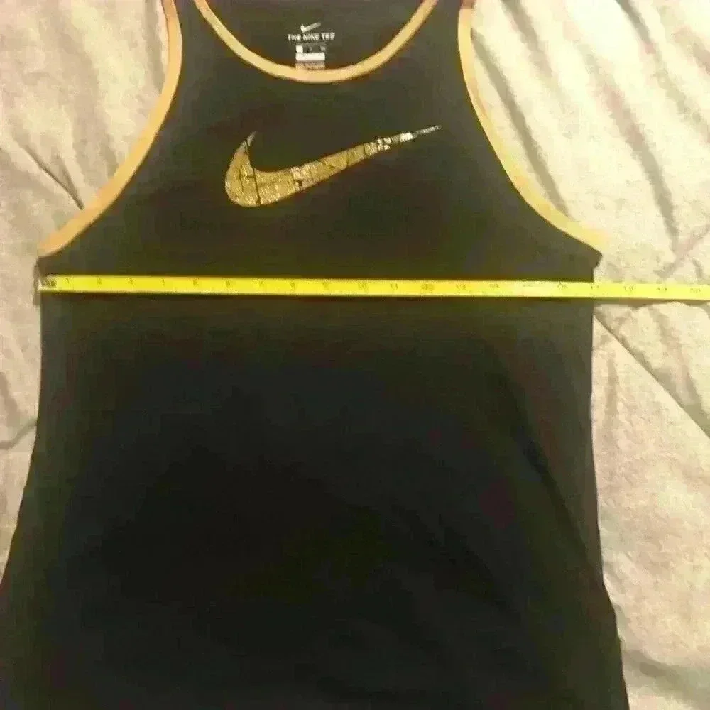Nike Dri-FIT Womens Tank Top Black Gold Metallic‎ Swoosh High Neck Racerback S